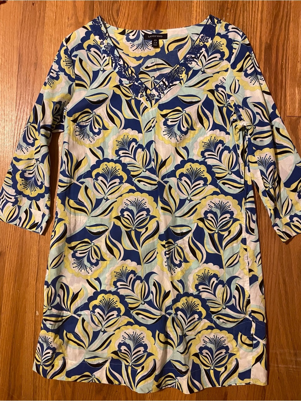 Lands' End Floral V-Neck Tunic in Navy, Yellow & Light Blue
